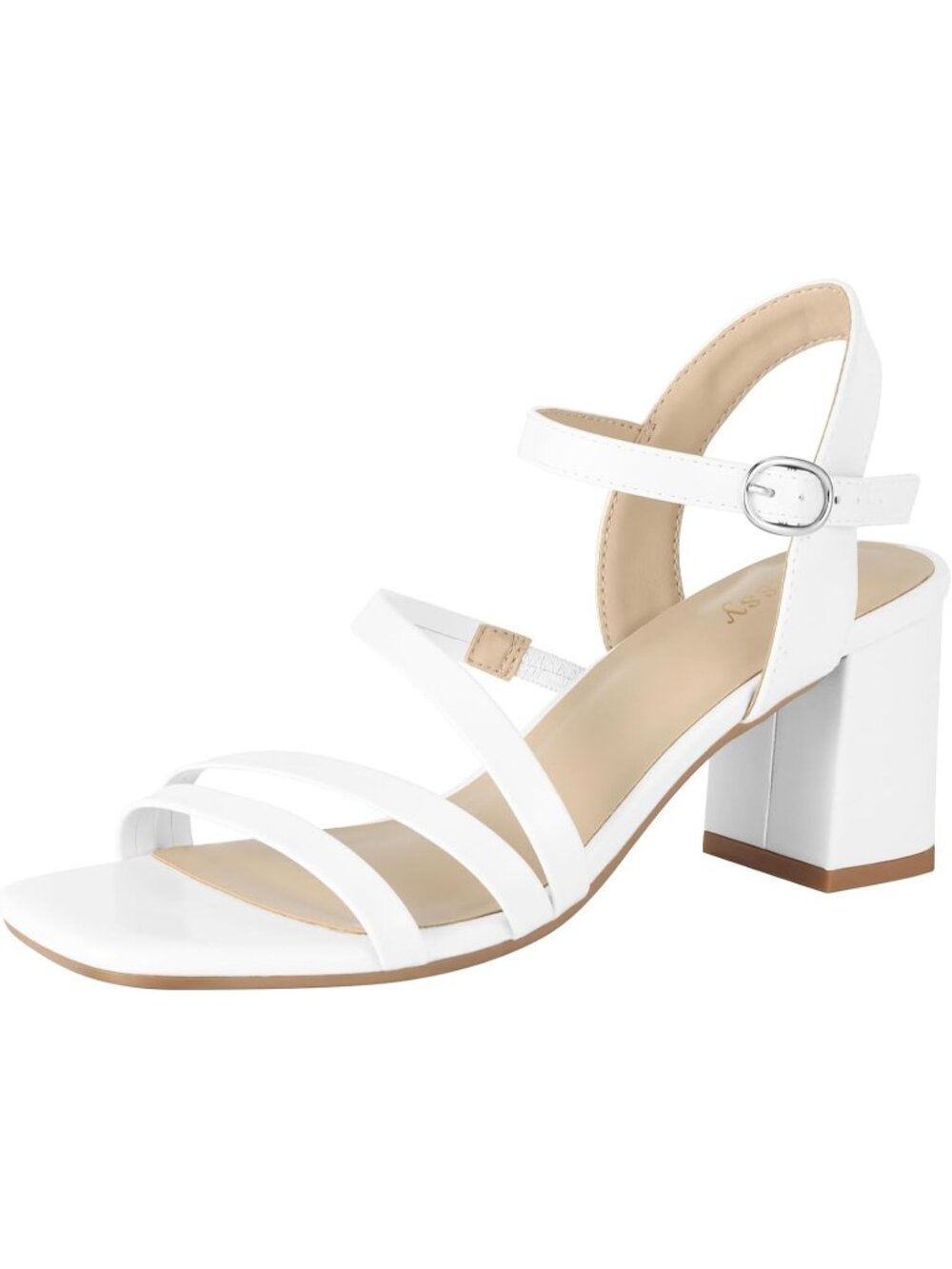 Women's White Square Open Toe Chunky Block Strappy Heeled Sandals For Wedding